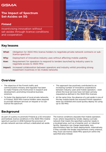 A document from GSMA titled "Impact of Spectrum Set-Asides on 5G" highlights key lessons, overview, and background on Finnish 5G mobile licensing. Emphasizing fair competition and innovation without restrictive sub-licence conditions, it also delves into the impact of spectrum set-asides.
