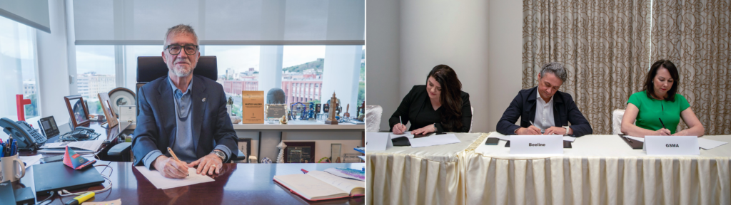 The image shows a split view. On the left, a male figure sits at an office desk, facing the camera. On the right, three individuals, one man and two women, sit at a table signing documents, with nameplates in front of them reading "Destine" and "GSSA".