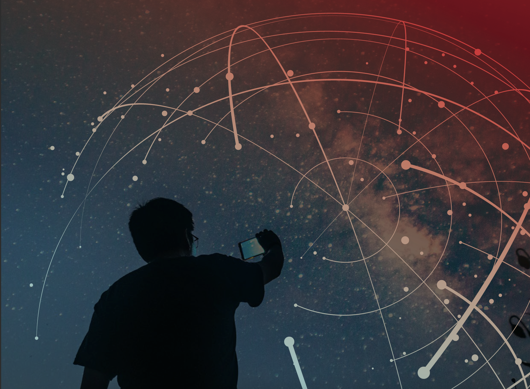 Silhouette of a person holding a smartphone against a starry night sky. Overlay of abstract, circular, and linear digital graphics in shades of red and white create a futuristic and technological feel.