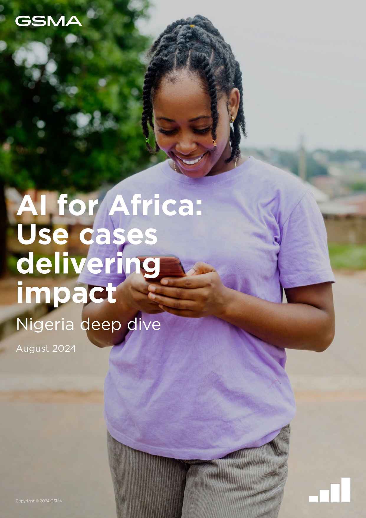 A person is smiling while looking at their phone. The text on the image reads, "AI for Africa: Use cases delivering impact - Nigeria deep dive, August 2024." The background shows an outdoor setting with trees and buildings.